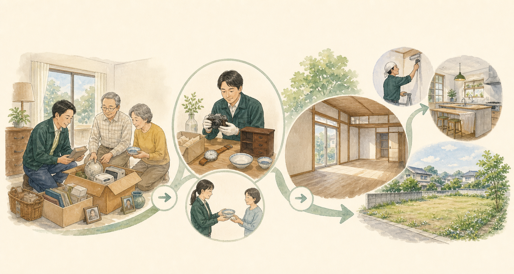 仕分け、査定、再利用、片づけ、空き家活用までがつながるイラスト